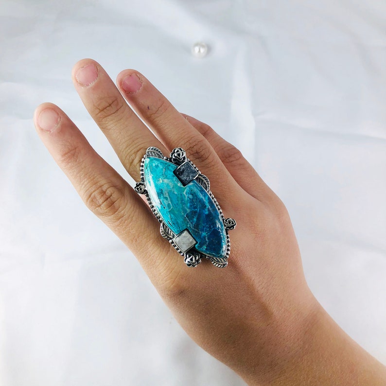 Natural Chrysocolla, Apatite & Moonstone Ring By Harshita Jewellery