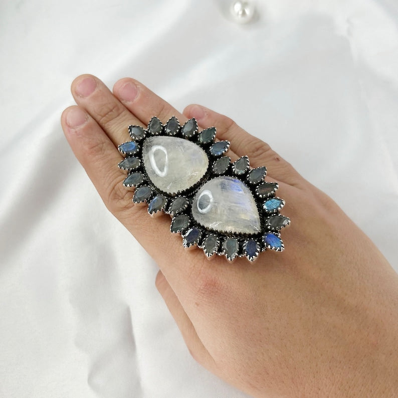 Rainbow Moonstone and Labradorite Ring Gemstone Ring By Harshita Jewellery