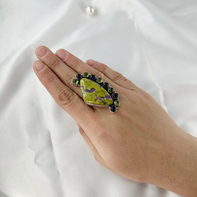 Atlantisite Stichtite Ring, Natural Stichtite, Amethyst & Prehnite Gemstone Ring By Harshita Jewellery