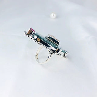 Natural Seraphinite, Ruby, Rose Quartz And Blue Topaz Ring By Harshita Jewellery