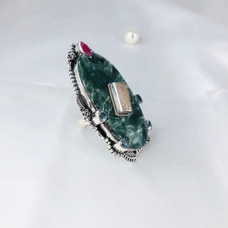 Natural Seraphinite, Ruby, Rose Quartz And Blue Topaz Ring By Harshita Jewellery