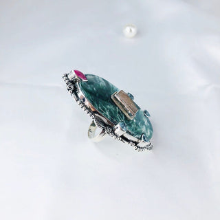 Natural Seraphinite, Ruby, Rose Quartz And Blue Topaz Ring By Harshita Jewellery