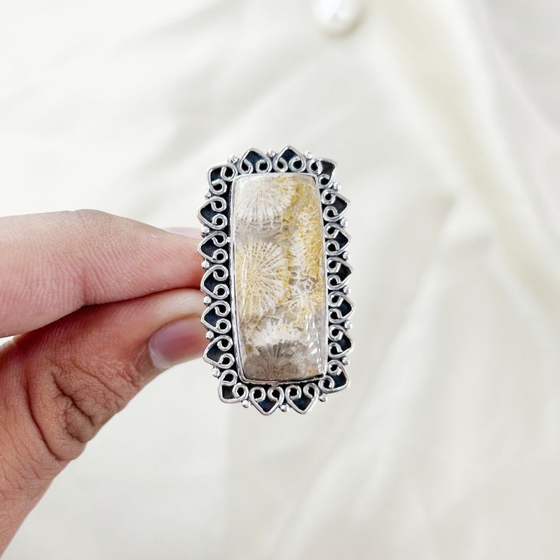 Natural Fossil Coral Ring By Harshita Jewellery