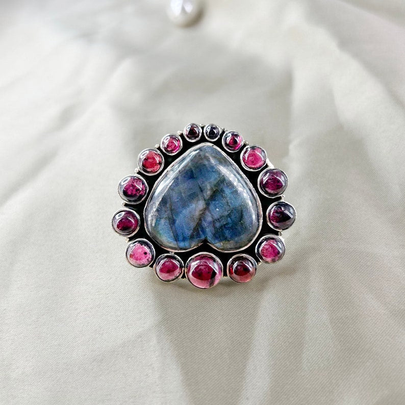 Natural Labradorite & Garnet Heart Gemstone Ring By Harshita Jewellery