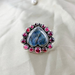 Natural Labradorite & Garnet Heart Gemstone Ring By Harshita Jewellery