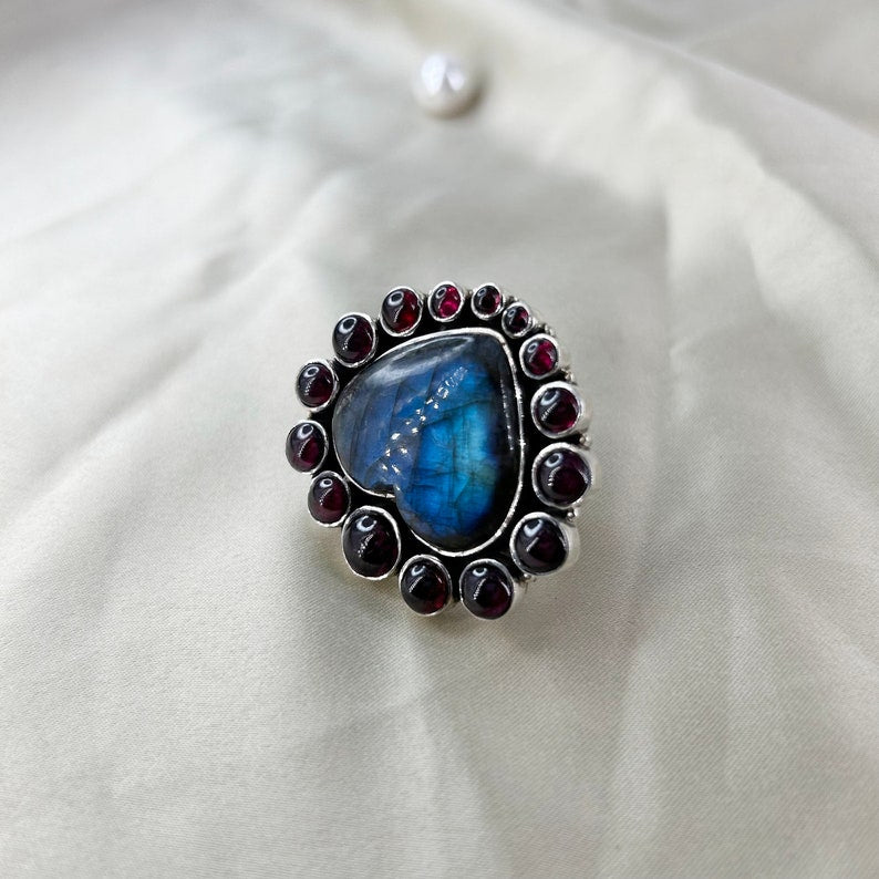 Natural Labradorite & Garnet Heart Gemstone Ring By Harshita Jewellery