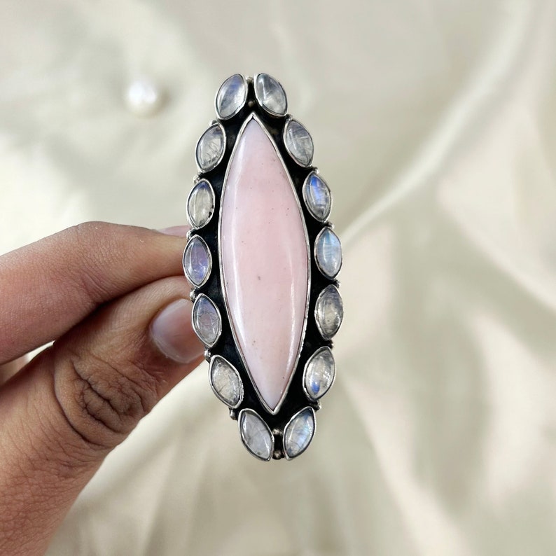Natural Pink Opal & Moonstone Ring By Harshita Jewellery