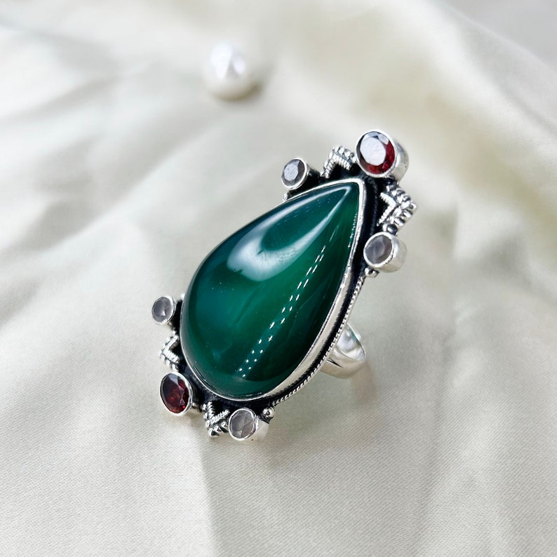 Natural Green Onyx, Garnet & Rose Quartz Ring By Harshita Jewellery