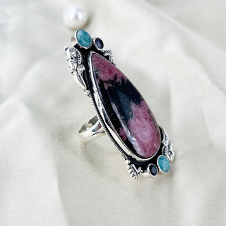 Natural Rhodonite, Amethyst & Amazonite Ring By Harshita Jewellery