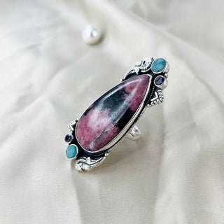 Natural Rhodonite, Amethyst & Amazonite Ring By Harshita Jewellery