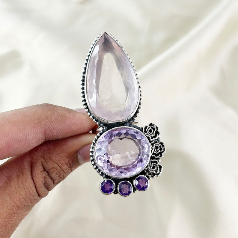 Rose Quartz & Amethyst Ring By Harshita Jewellery