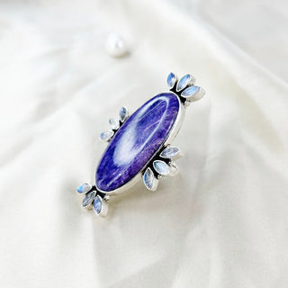 Rainbow Moonstone & Charoite Ring By Harshita Jewellery