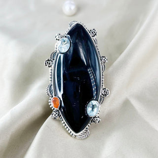 Natural Black Onyx, Carnelian & Blue Topaz Ring By Harshita Jewellery