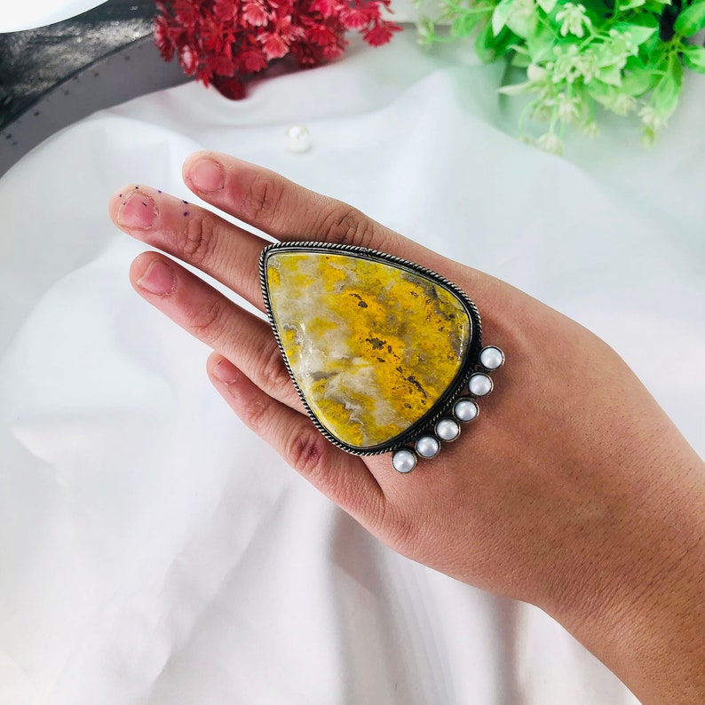 Natural White Pearl & Bumble bee Jasper Ring By Harshita Jewellery