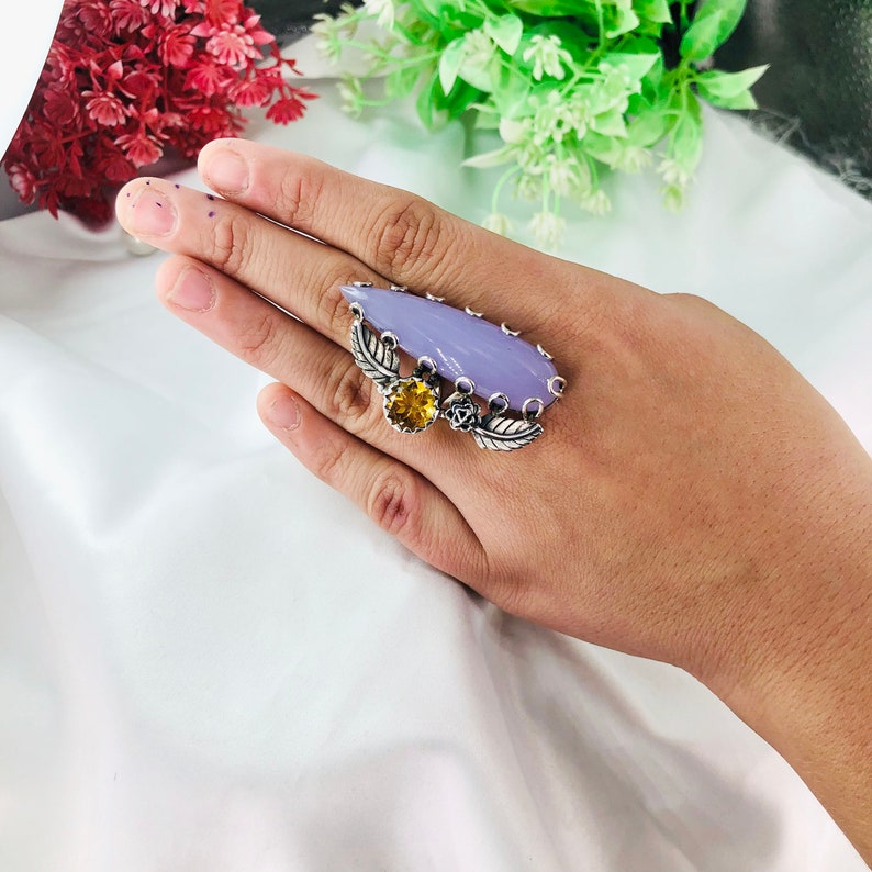 Natural Lavender Quartz & Citrine Gemstone Ring By Harshita Jewellery