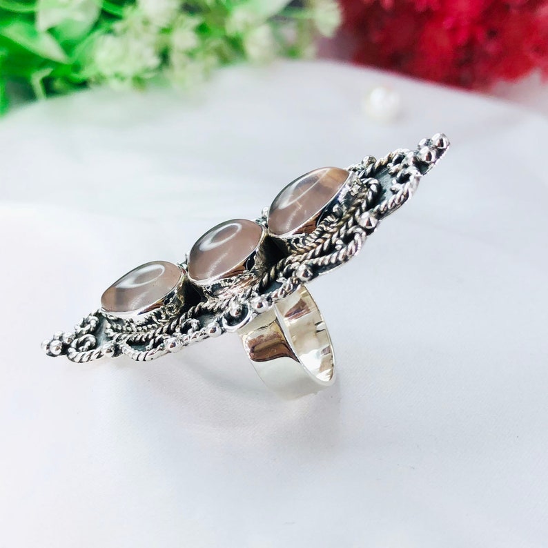 Natural Three Stone Rose Quartz Ring By Harshita Jewellery
