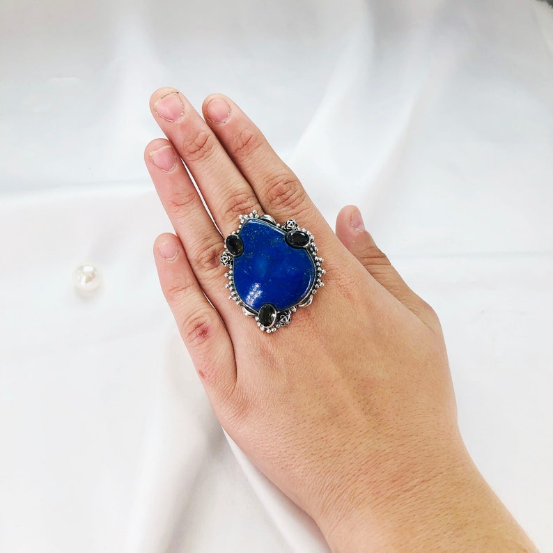 Natural Lapis Lazuli & Smokey Topaz Gemstone Ring By Harshita Jewellery