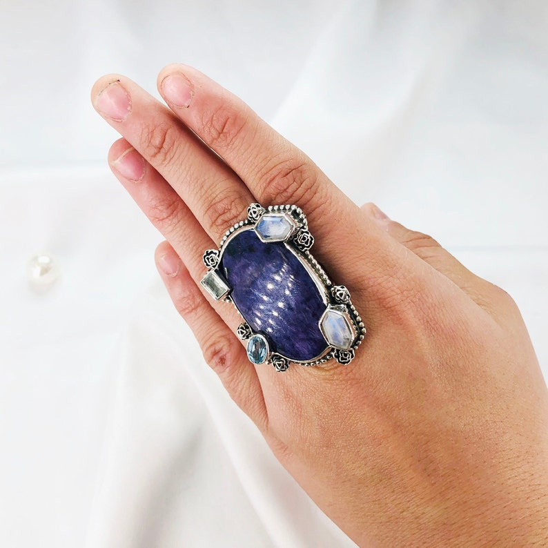 Natural Charoite, Blue Topaz & Rainbow Moonstone Ring By Harshita Jewellery