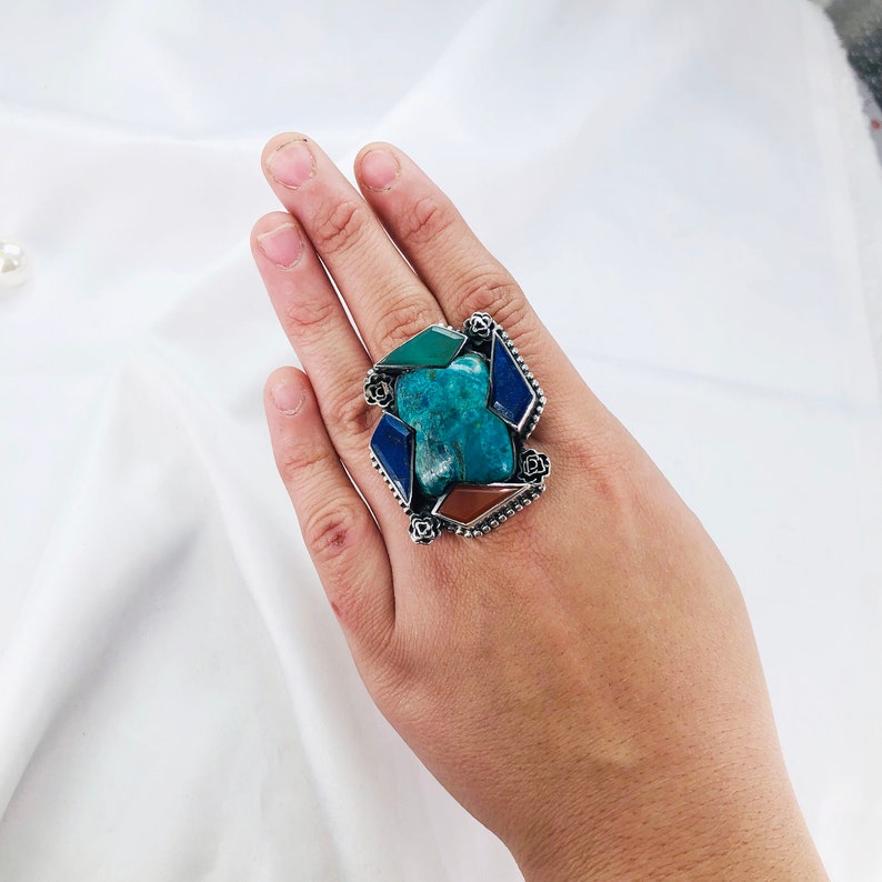 Natural Chrysocolla, Green onyx, Carnelian & lapis lazuli Ring By Harshita Jewellery