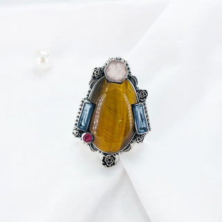 Natural Tigers eye, Rose quartz, Amethyst, ruby ring By Harshita Jewellery