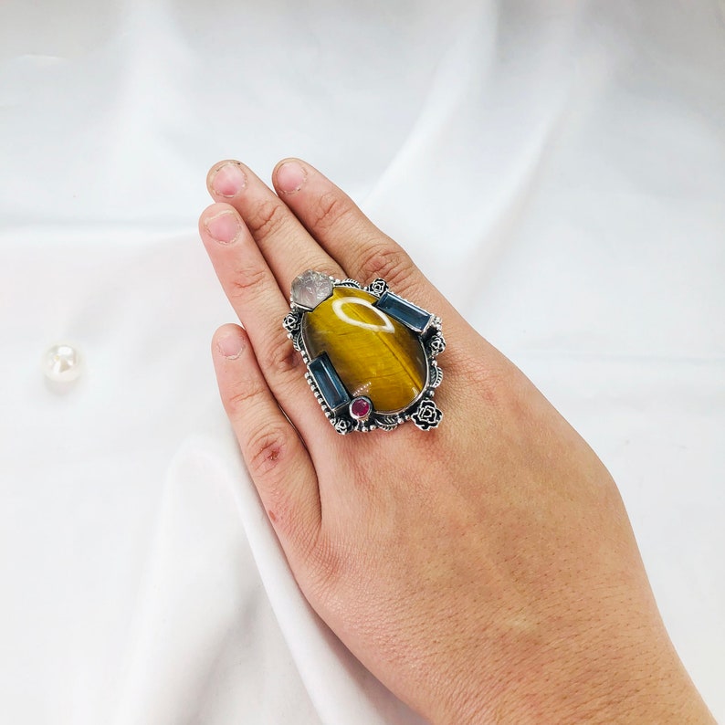 Natural Tigers eye, Rose quartz, Amethyst, ruby ring By Harshita Jewellery