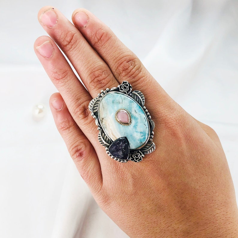 Natural Larimar, Pink Opal, Amethyst Ring By Harshita Jewellery