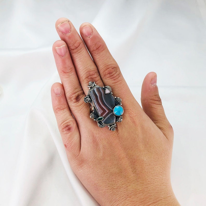 Natural Botswana Agate, Pink opal, Green onyx & Turquoise Ring By Harshita Jewellery
