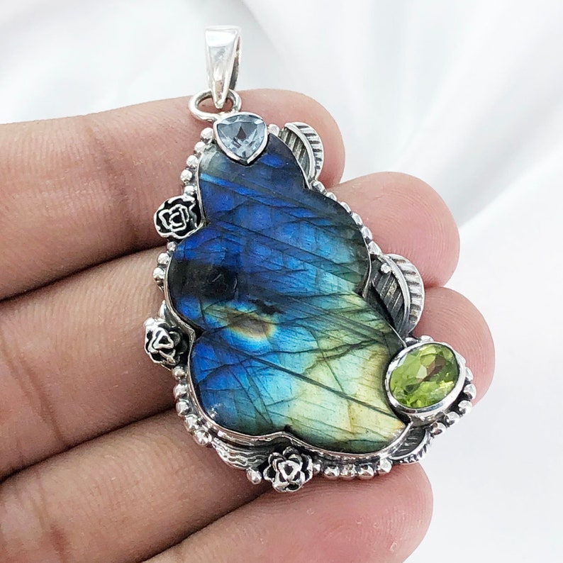 Fire Labradorite, Blue Topaz & Peridot Pendant By Harshita Jewellery