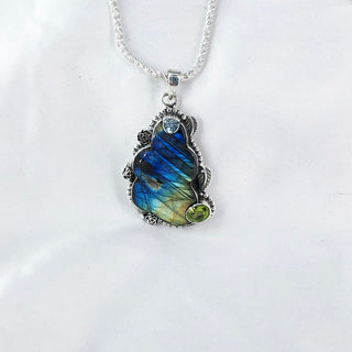 Fire Labradorite, Blue Topaz & Peridot Pendant By Harshita Jewellery