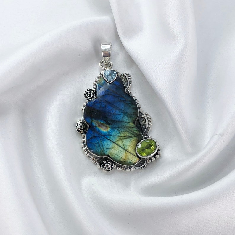 Fire Labradorite, Blue Topaz & Peridot Pendant By Harshita Jewellery
