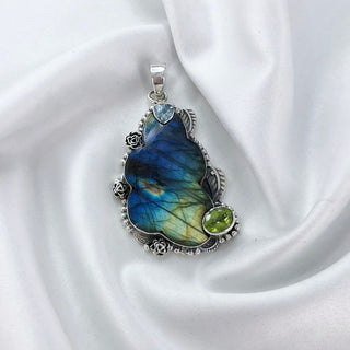 Fire Labradorite, Blue Topaz & Peridot Pendant By Harshita Jewellery