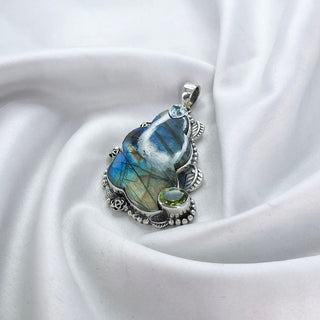 Fire Labradorite, Blue Topaz & Peridot Pendant By Harshita Jewellery