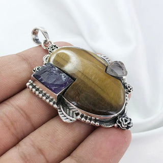 Natural  Tiger's Eye, Rose Quartz, Amethyst, Pendant By Harshita Jewellery