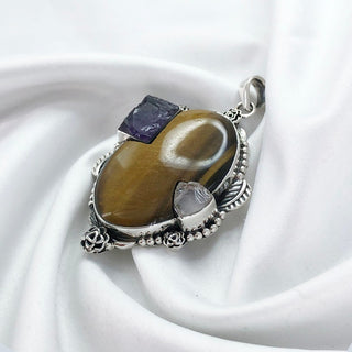 Natural  Tiger's Eye, Rose Quartz, Amethyst, Pendant By Harshita Jewellery