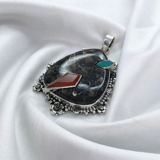Natural Turtella Jasper, Carnelian, And Aquamarine Pendant By Harshita Jewellery