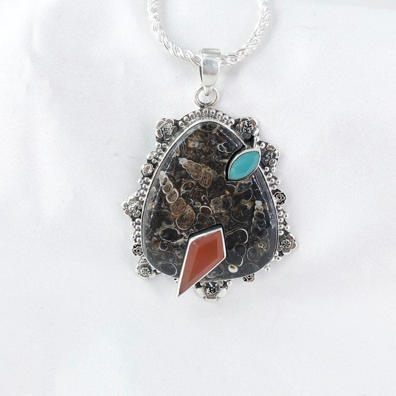 Natural Turtella Jasper, Carnelian, And Aquamarine Pendant By Harshita Jewellery