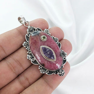 Natural Rhodonite, Peridot & Amethyst Pendant By Harshita Jewellery