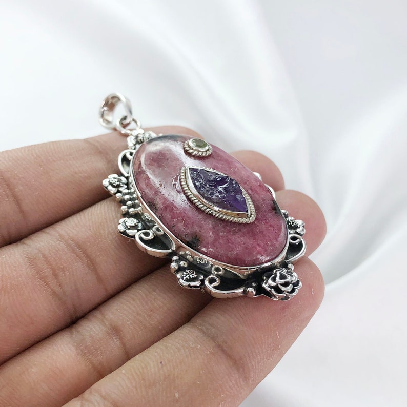Natural Rhodonite, Peridot & Amethyst Pendant By Harshita Jewellery