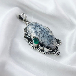 Natural Dendrite Opal, Black Onyx And Green Onyx Pendant By Harshita Jewellery