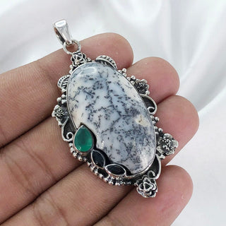 Natural Dendrite Opal, Black Onyx And Green Onyx Pendant By Harshita Jewellery