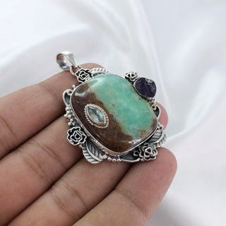 Natural Chrysoprase, Blue Topaz & Raw Amethyst Pendant By Harshita Jewellery