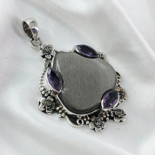 Silver Sheen Obsidian and Amethyst Pendant By Harshita Jewellery