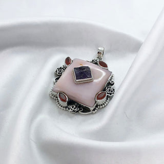 Natural Pink Opal, Amethyst & Carnelian Pendant By Harshita Jewellery