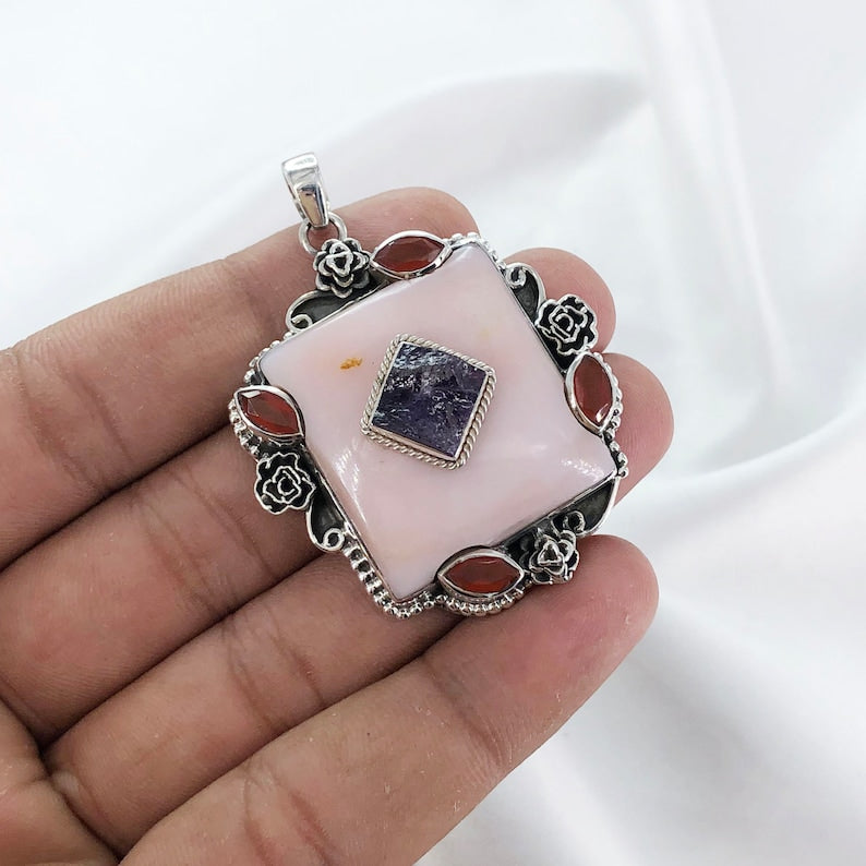 Natural Pink Opal, Amethyst & Carnelian Pendant By Harshita Jewellery
