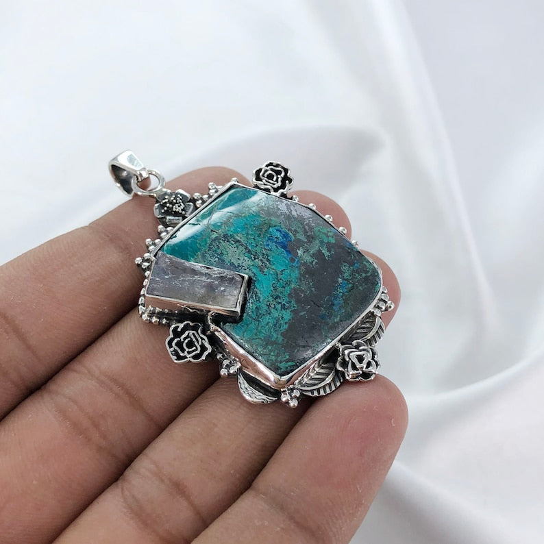 Natural Chrysocolla & Rough Amethyst Pendant By Harshita Jewellery