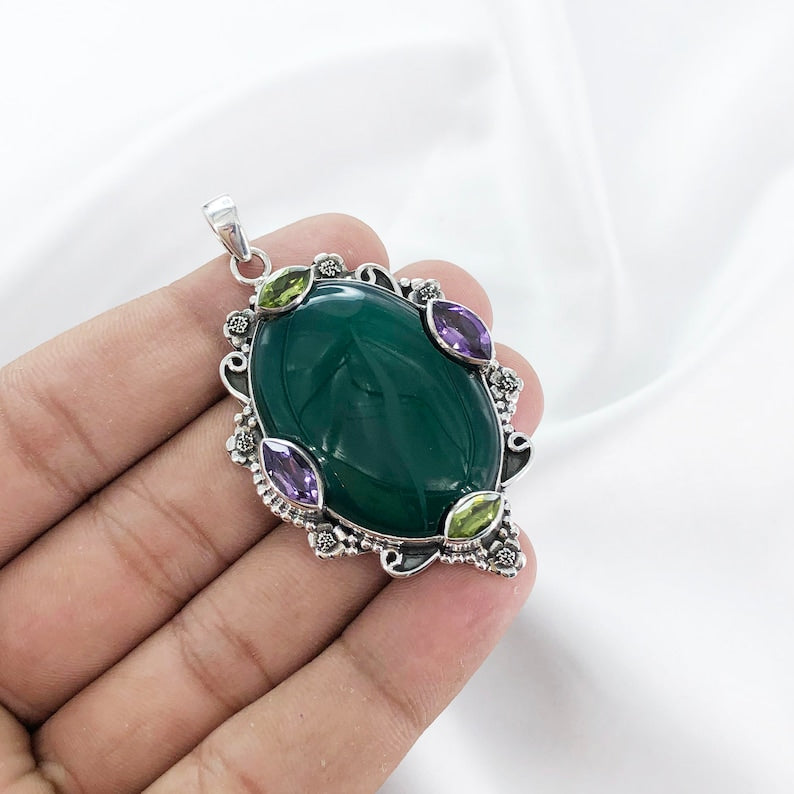 Natural Green Onyx, Amethyst & Peridot Gemstone Pendant By Harshita Jewellery