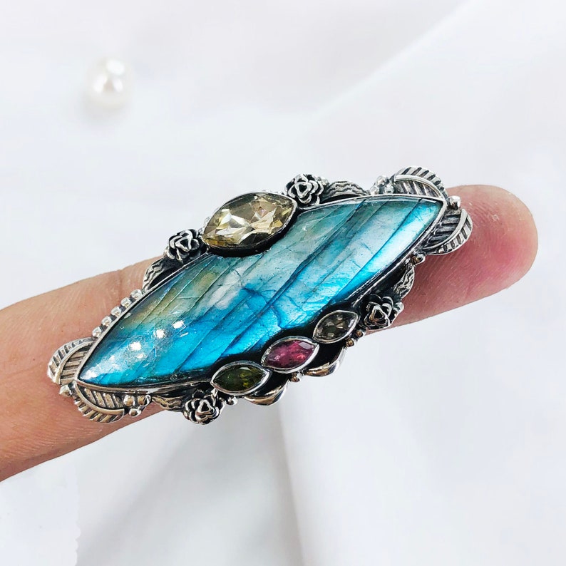 Natural Labradorite, Ruby, Peridot, Smokey Topaz & Citrine Ring By Harshita Jewellery