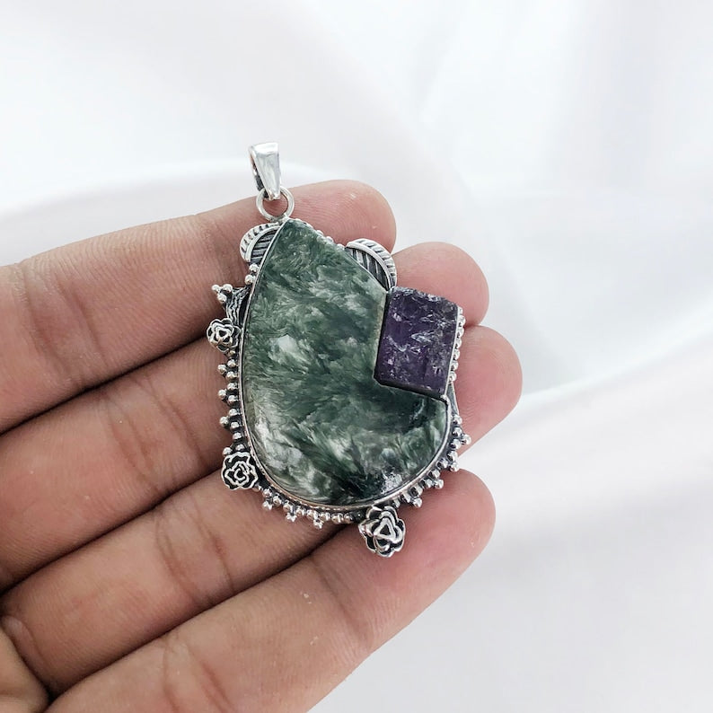 Natural Seraphinite & Rough Amethyst Gemstone Pendant By Harshita Jewellery