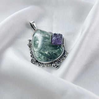 Natural Seraphinite & Rough Amethyst Gemstone Pendant By Harshita Jewellery