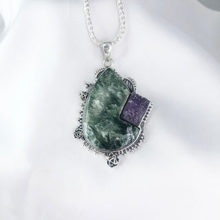 Natural Seraphinite & Rough Amethyst Gemstone Pendant By Harshita Jewellery